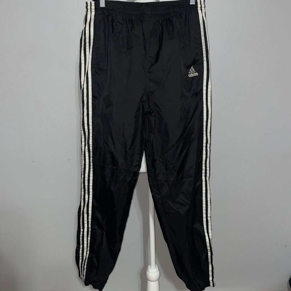 Vintage 90s Adidas M Black 3 Stripe Track Pants Drawstring Zip Ankle